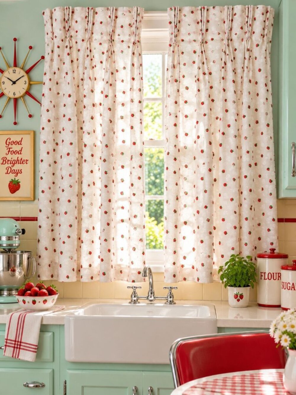 Vintage 1950s Drapes 1 Panel Curtains Weighted Corners Strawberry Cream 42x34"